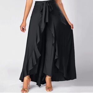 Black Ruffle Wrap Wide-Leg Pants